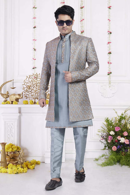 Dark Grayish Blue Art Silk Embroidery Work 3 Pcs Jacket Set