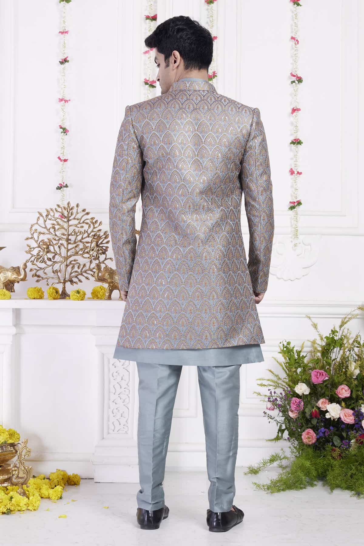 Dark Grayish Blue Art Silk Embroidery Work 3 Pcs Jacket Set
