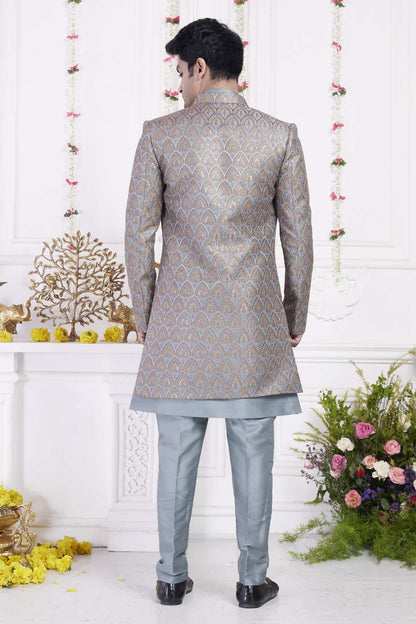 Dark Grayish Blue Art Silk Embroidery Work 3 Pcs Jacket Set