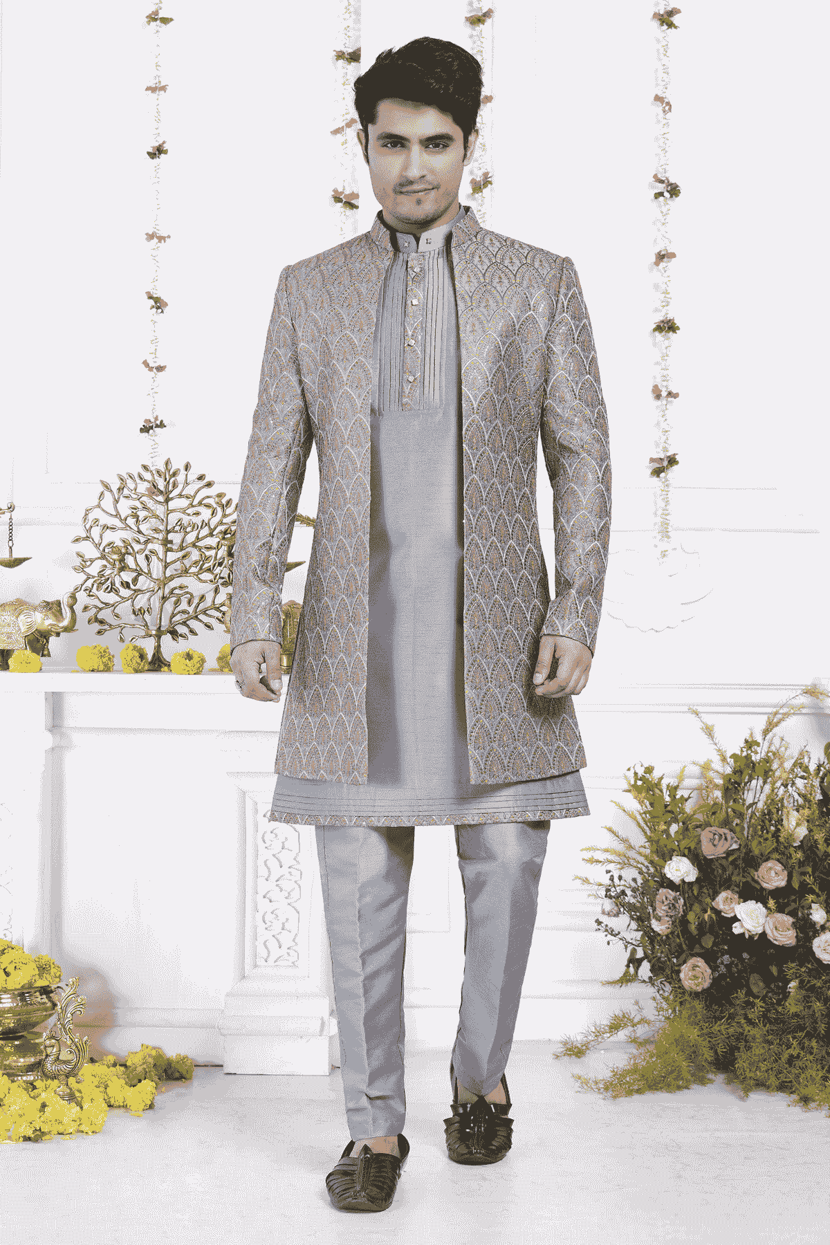Dark Grayish Blue Art Silk Embroidery Work 3 Pcs Jacket Set