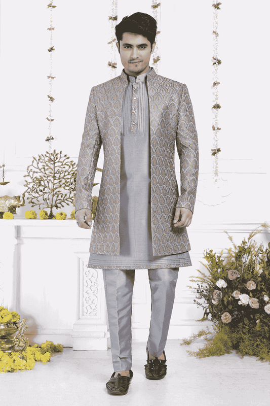 Dark Grayish Blue Art Silk Embroidery Work 3 Pcs Jacket Set