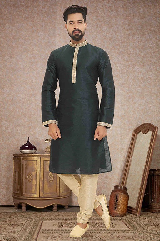 Dark Green Colour Kurta Pajama In Dupion Silk KP1210136