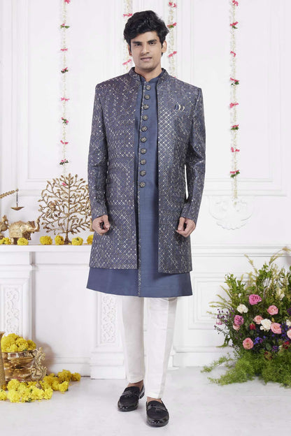 Dark Grey Art Silk Embroidery Work 3 Pcs Jacket Set