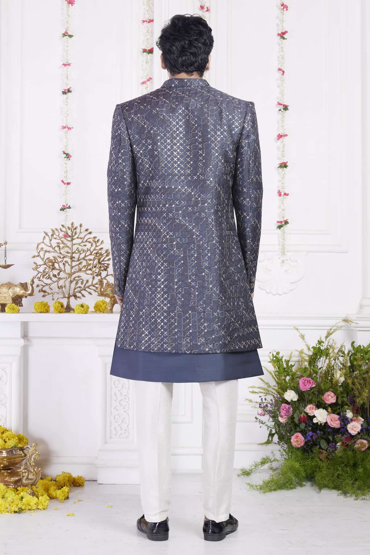 Dark Grey Art Silk Embroidery Work 3 Pcs Jacket Set