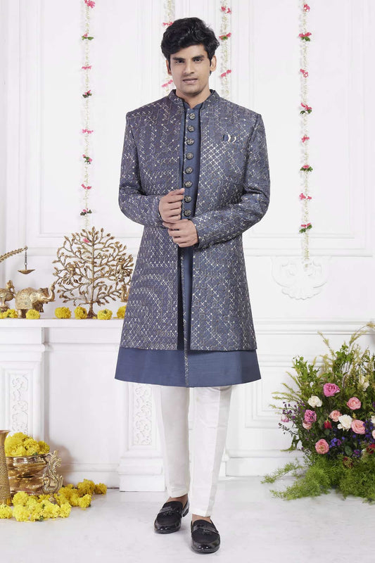 Dark Grey Art Silk Embroidery Work 3 Pcs Jacket Set