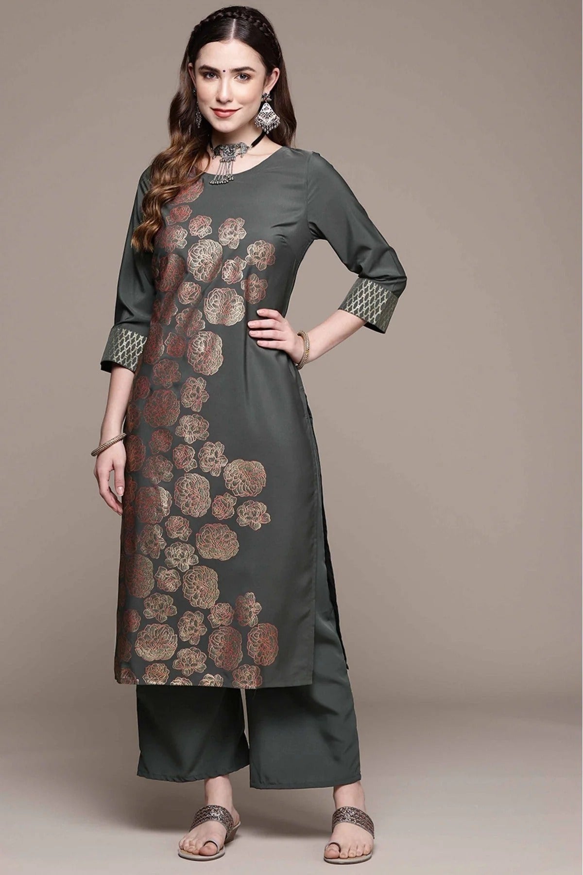 Dark Grey Colour Crepe Foil Print Kurta With Palazzo KR1060021 A