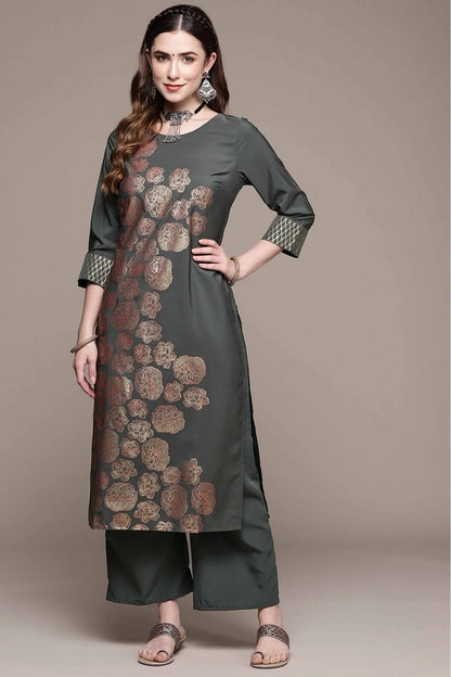 Dark Grey Colour Crepe Foil Print Kurta With Palazzo KR1060021 A