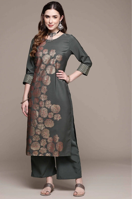 Dark Grey Colour Crepe Foil Print Kurta With Palazzo KR1060021 A