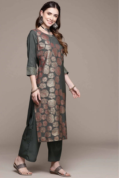 Dark Grey Colour Crepe Foil Print Kurta With Palazzo KR1060021 B