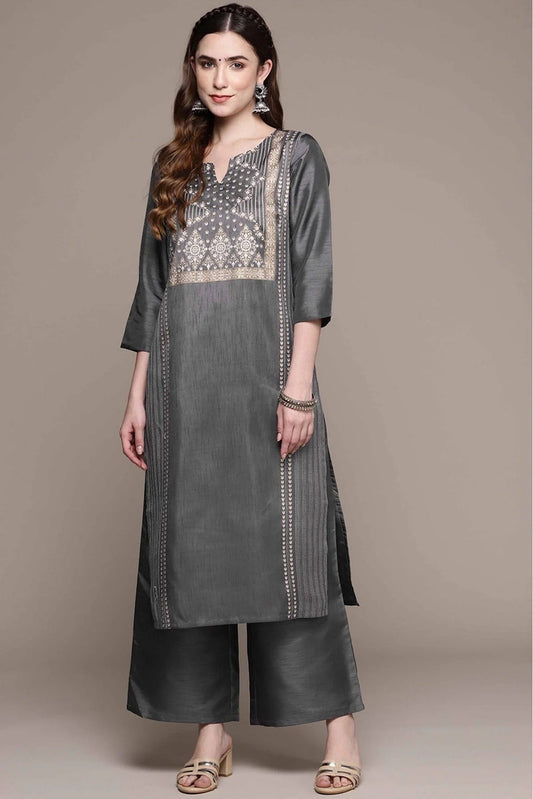 Dark Grey Colour Poly Silk Foil Print Kurta With Palazzo KR1060028 A