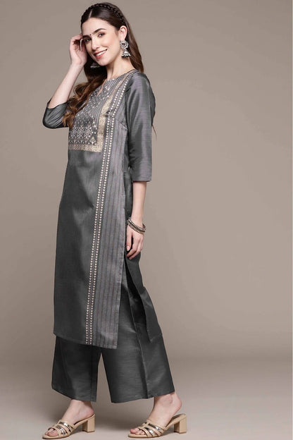 Dark Grey Colour Poly Silk Foil Print Kurta With Palazzo KR1060028 B