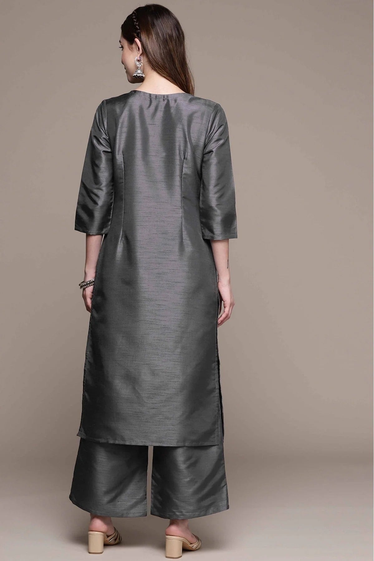 Dark Grey Colour Poly Silk Foil Print Kurta With Palazzo KR1060028 C