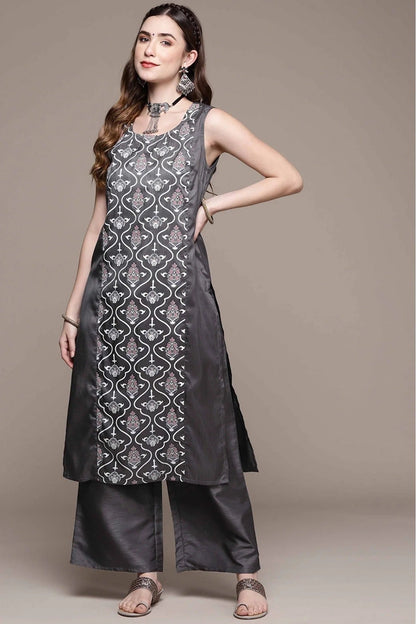 Dark Grey Colour Poly Silk Printed Kurta With Palazzo KR1060024 A