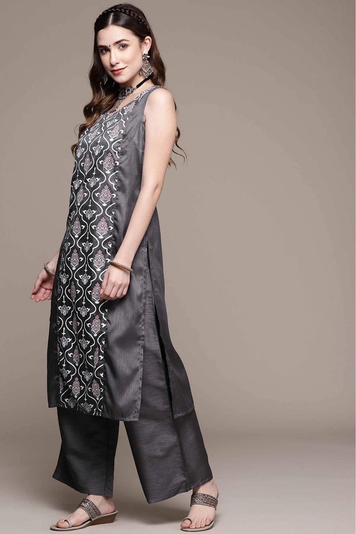 Dark Grey Colour Poly Silk Printed Kurta With Palazzo KR1060024 B
