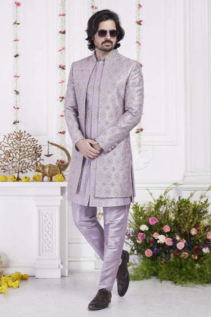 Dark Onion Art Silk Embroidery Work 3 Pcs Jacket Set