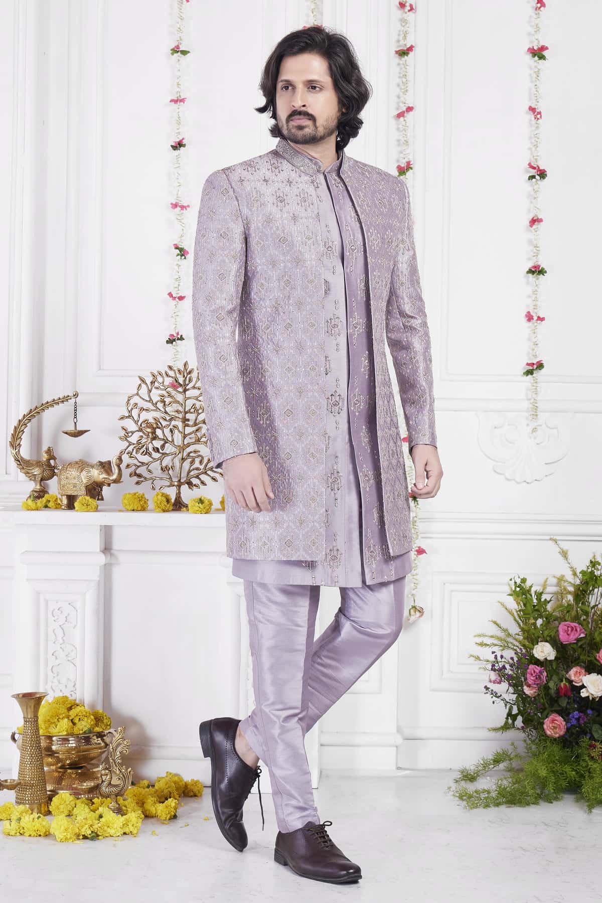 Dark Onion Art Silk Embroidery Work 3 Pcs Jacket Set