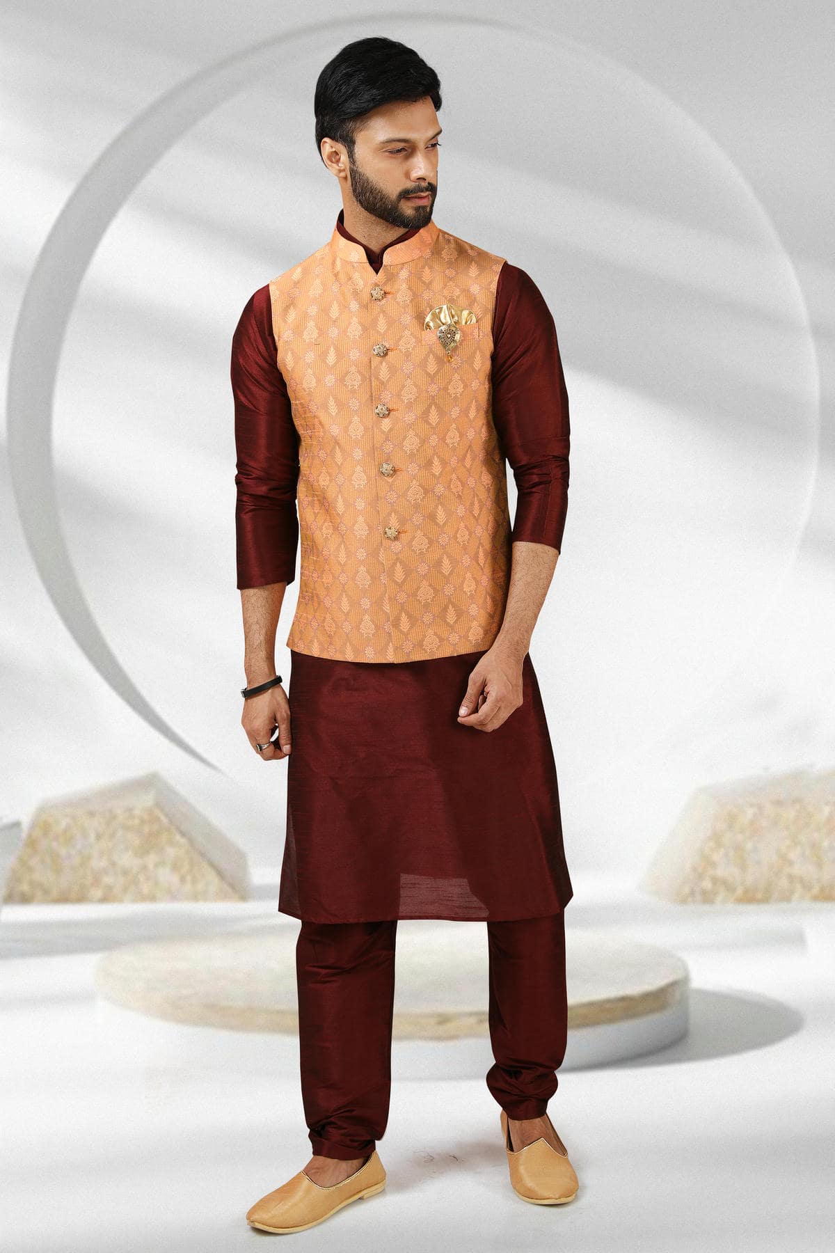 Dark Peach Colour Jacquard Banarasi Silk Woven Work Kurta Pajama With Jacket