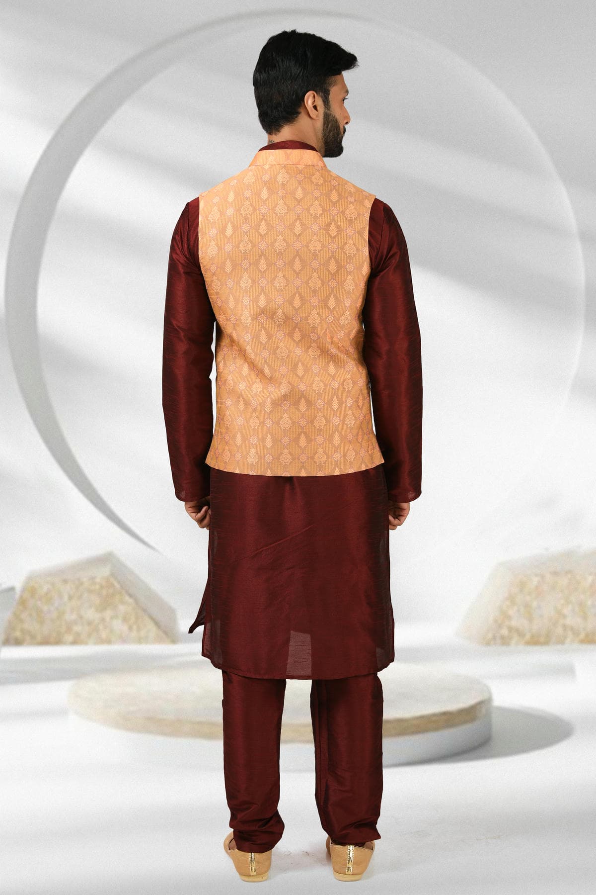 Dark Peach Colour Jacquard Banarasi Silk Woven Work Kurta Pajama With Jacket