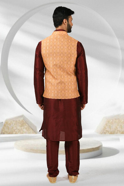 Dark Peach Colour Jacquard Banarasi Silk Woven Work Kurta Pajama With Jacket