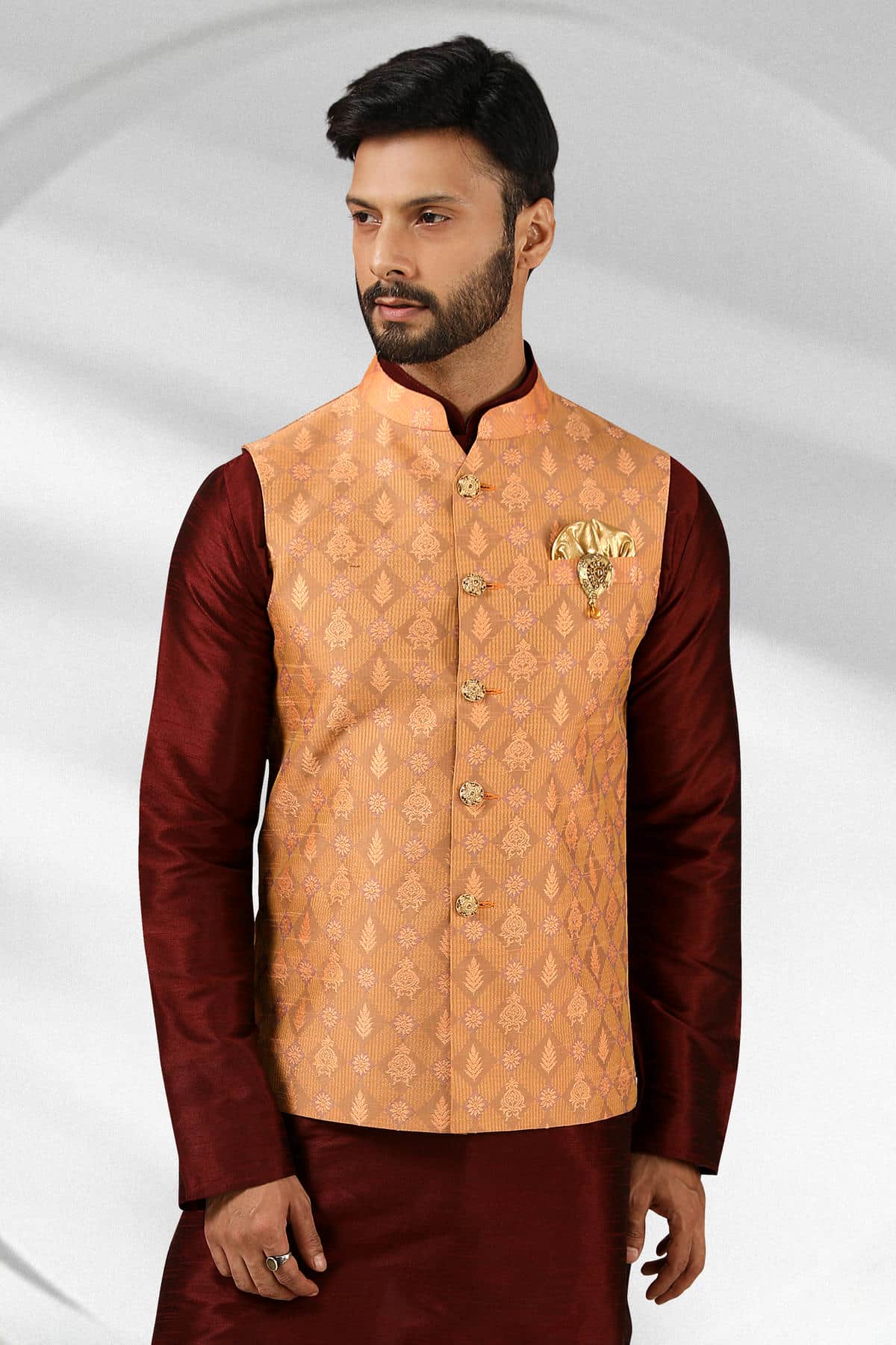 Dark Peach Colour Jacquard Banarasi Silk Woven Work Kurta Pajama With Jacket