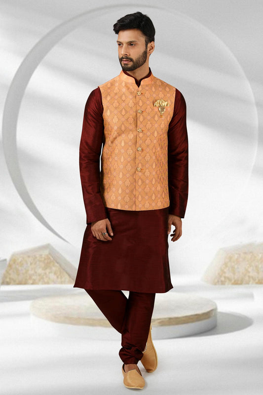 Dark Peach Colour Jacquard Banarasi Silk Woven Work Kurta Pajama With Jacket