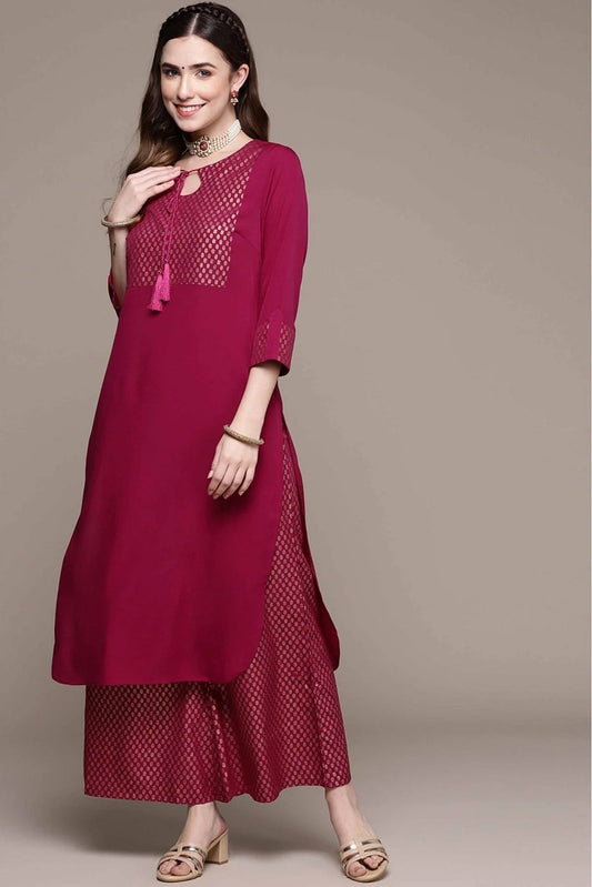 Dark Pink Colour Crepe Foil Print Kurta With Palazzo KR1060018 A