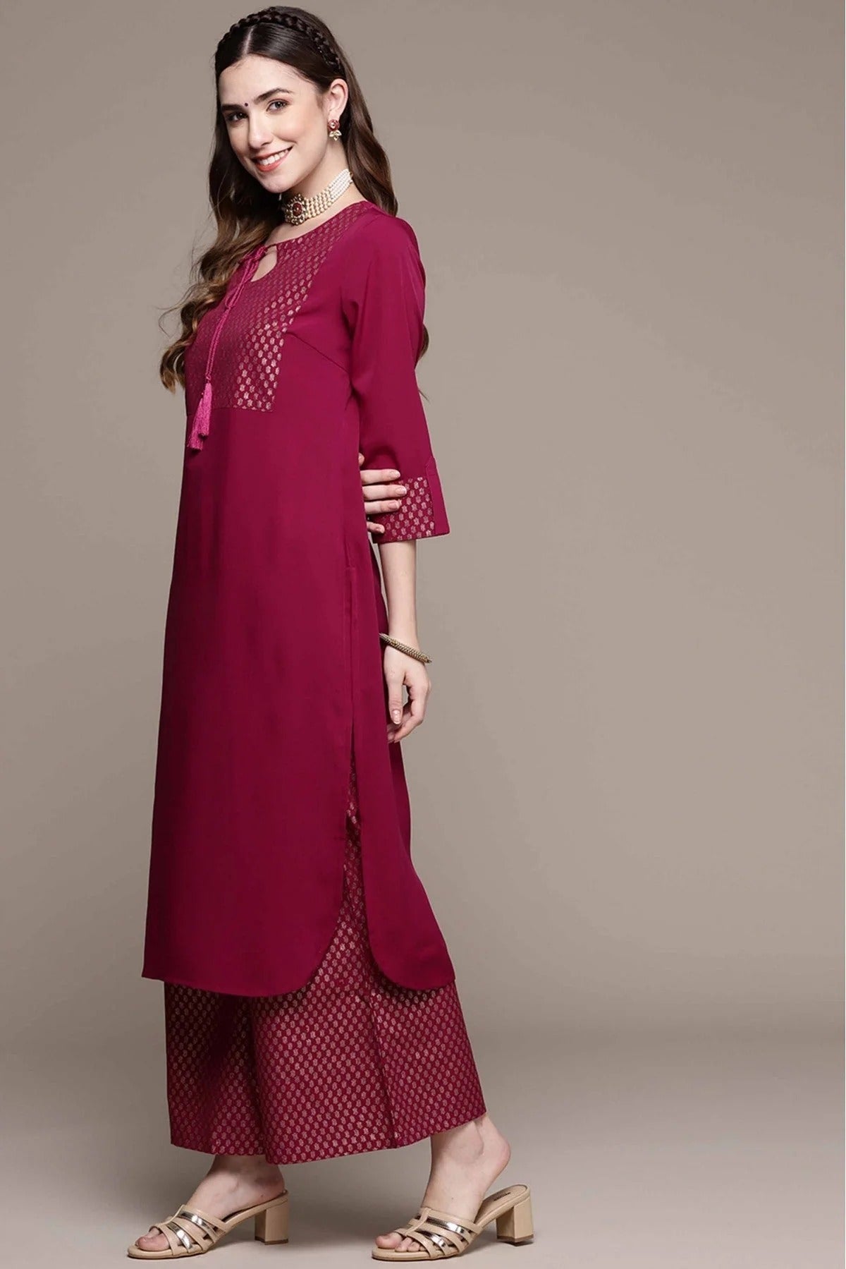 Dark Pink Colour Crepe Foil Print Kurta With Palazzo KR1060018 B