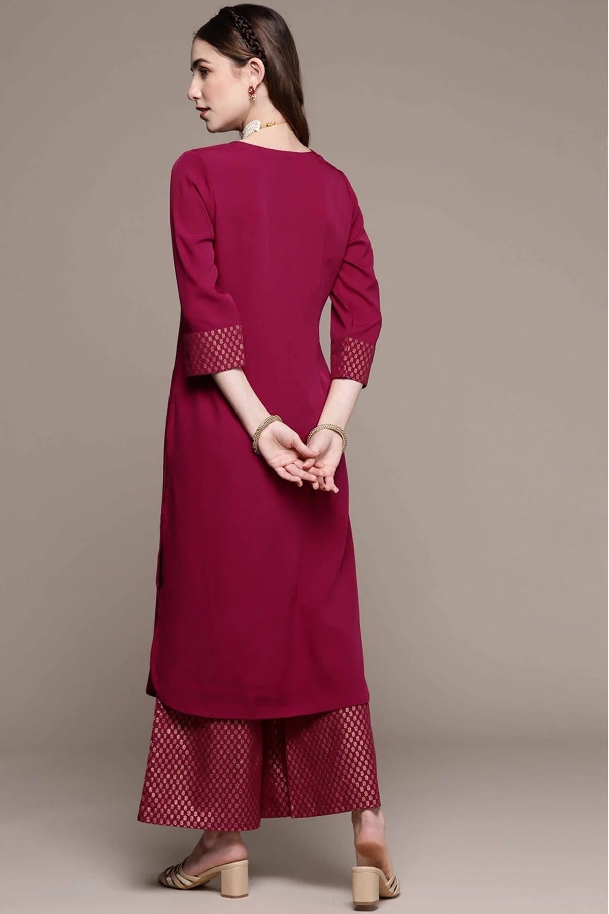Dark Pink Colour Crepe Foil Print Kurta With Palazzo KR1060018 C