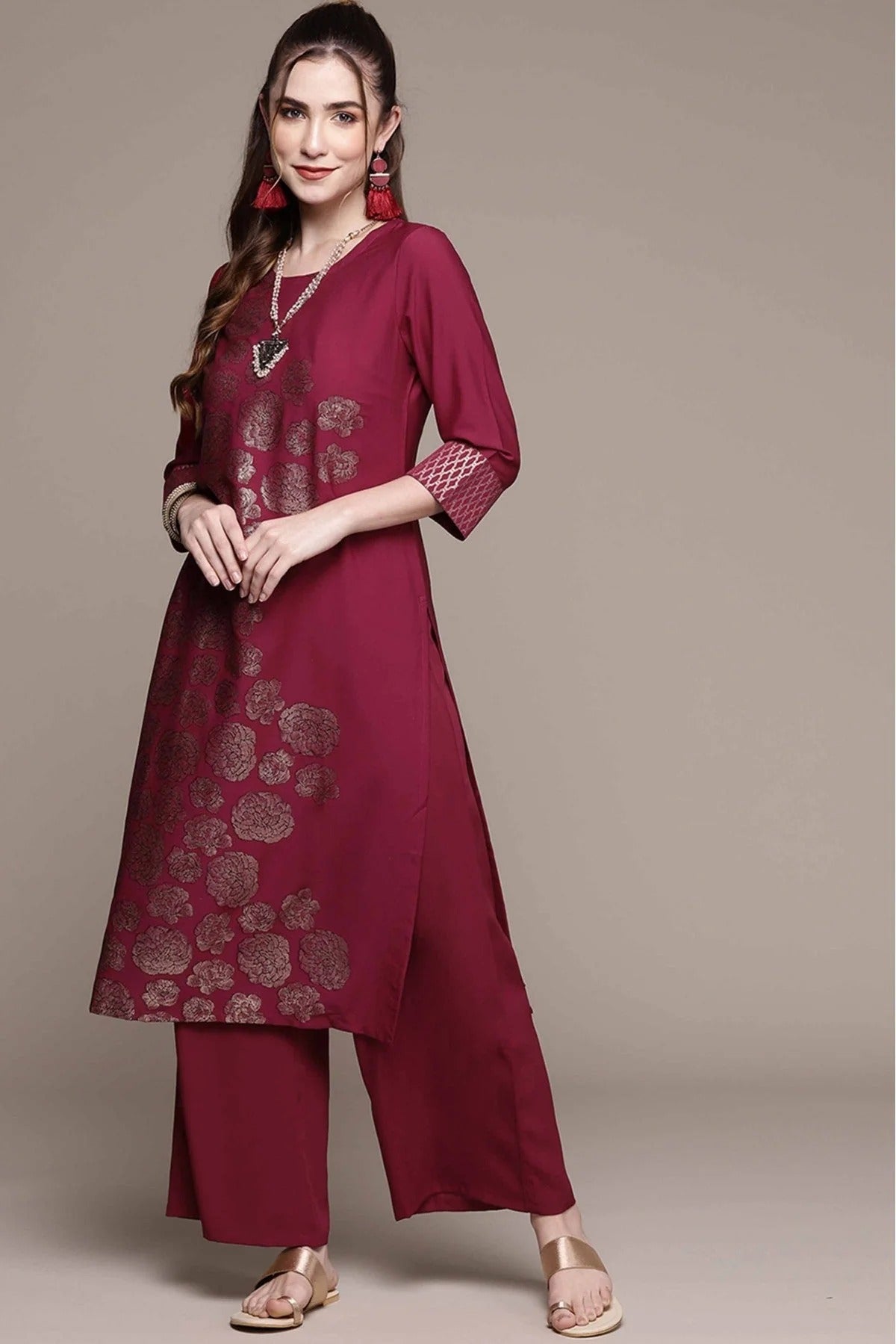 Dark Pink Colour Crepe Foil Print Kurta With Palazzo KR1060022 A
