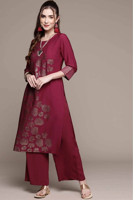 Dark Pink Colour Crepe Foil Print Kurta With Palazzo KR1060022 A