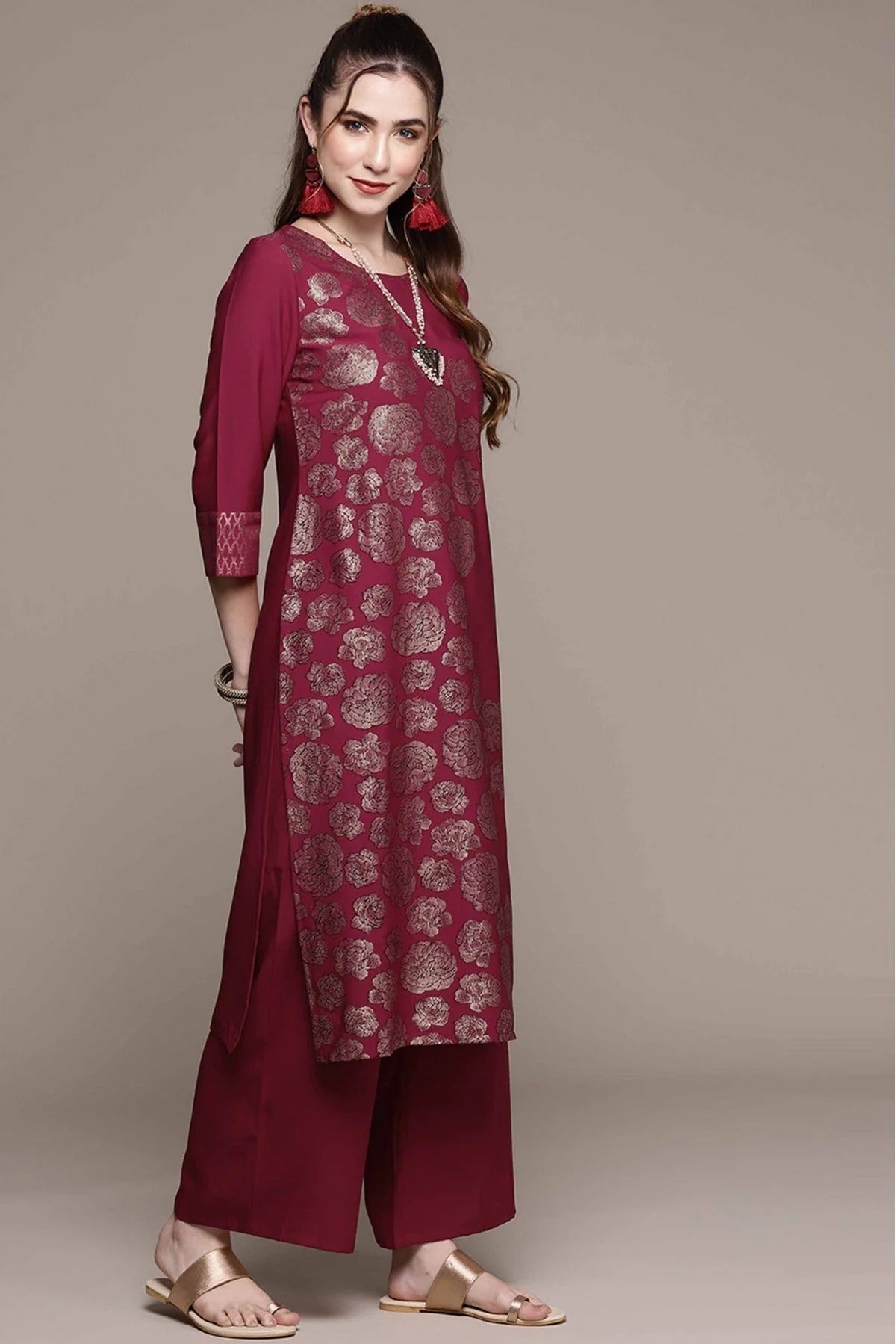 Dark Pink Colour Crepe Foil Print Kurta With Palazzo KR1060022 B