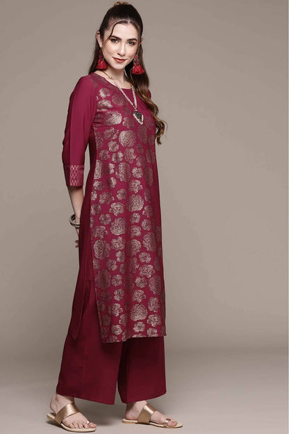 Dark Pink Colour Crepe Foil Print Kurta With Palazzo KR1060022 B