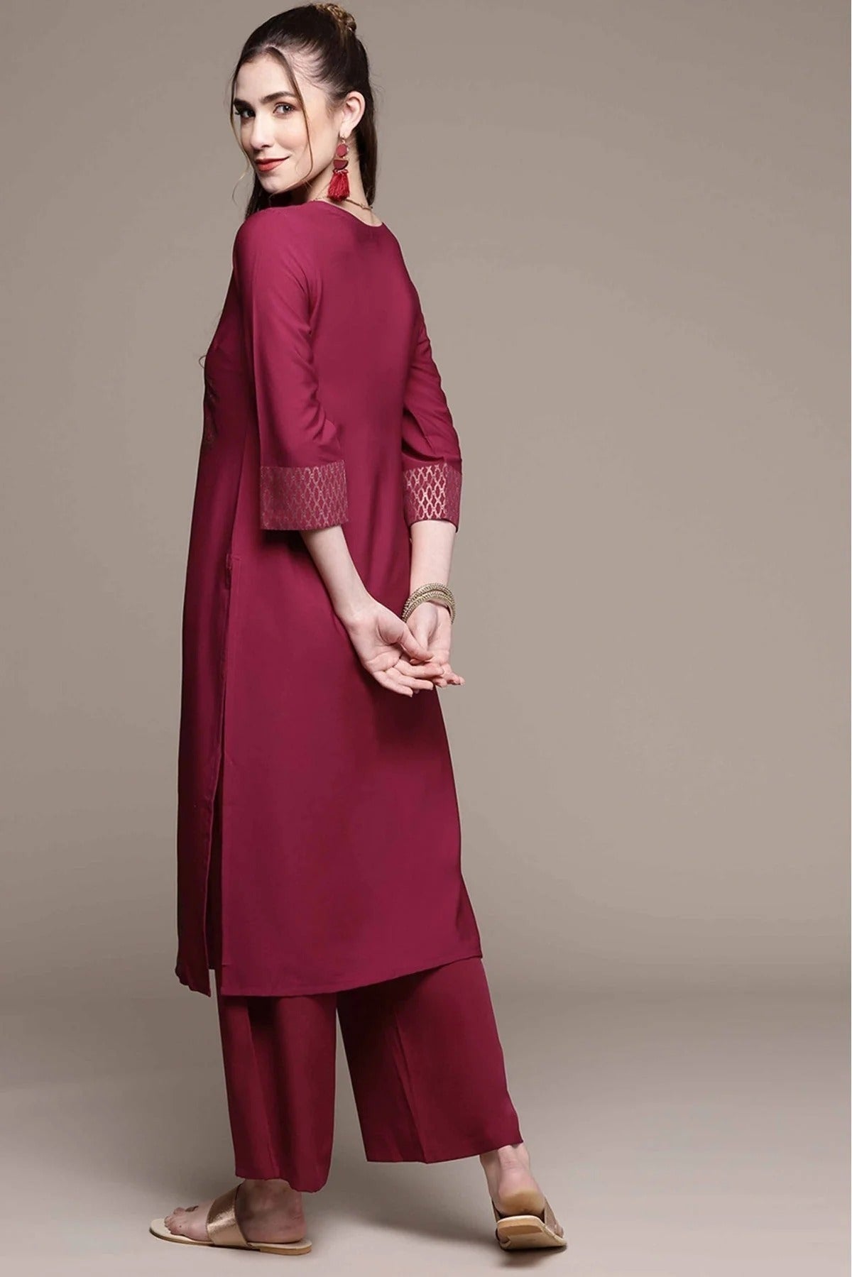 Dark Pink Colour Crepe Foil Print Kurta With Palazzo KR1060022 C