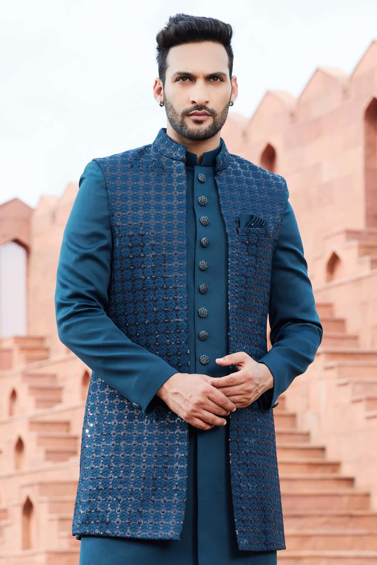 Dark Teal Green Colour Art Silk Thread Embroidery Work 3 Pcs Jacket Set