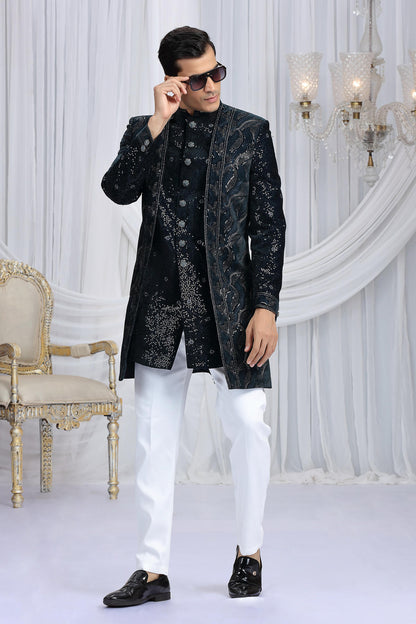 Dark Teal Green Colour Velvet Silk Embroidery Work 3 Pcs Attach Indo Sherwani