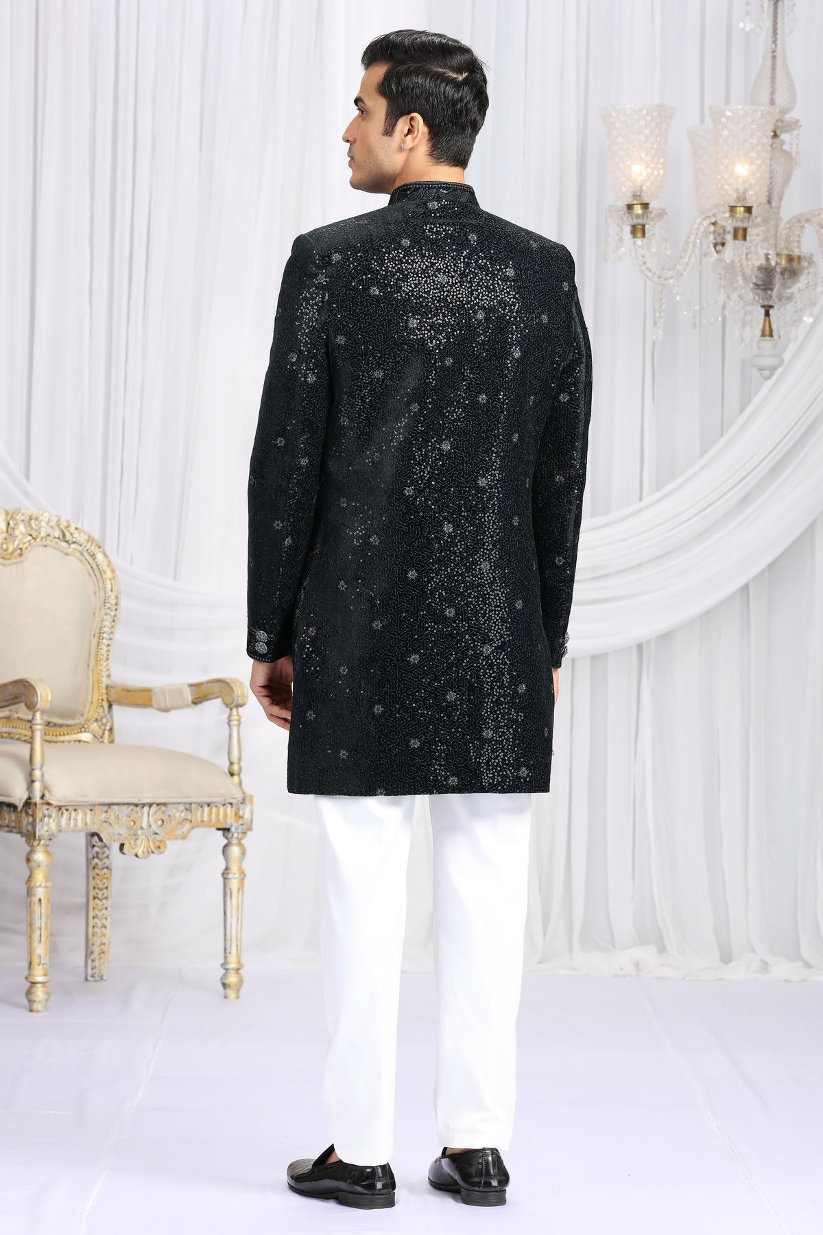 Dark Teal Green Colour Velvet Silk Embroidery Work 3 Pcs Attach Indo Sherwani