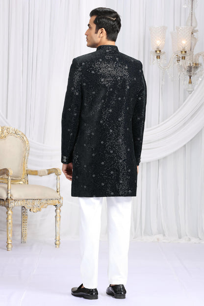 Dark Teal Green Colour Velvet Silk Embroidery Work 3 Pcs Attach Indo Sherwani