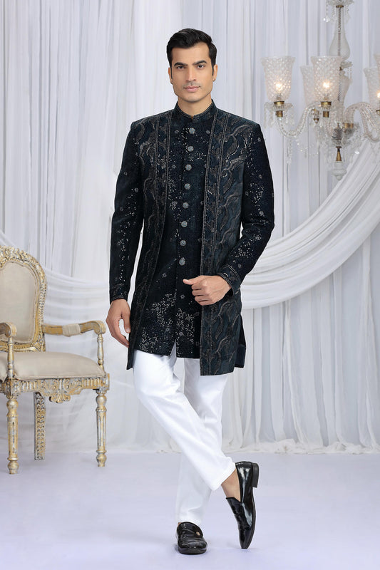 Dark Teal Green Colour Velvet Silk Embroidery Work 3 Pcs Attach Indo Sherwani