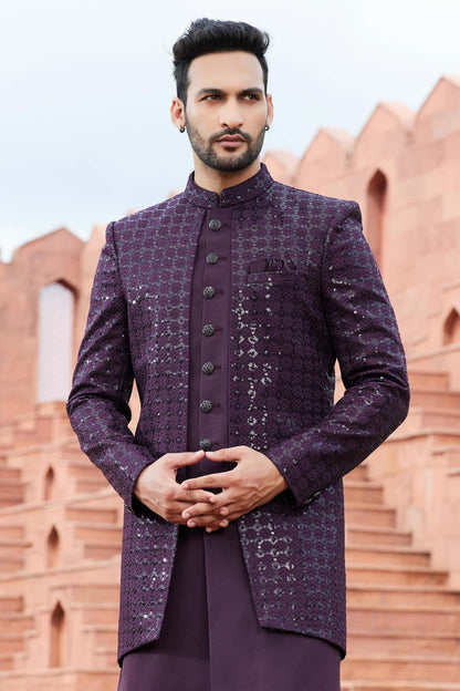 Dark Wine Colour Art Silk Thread Embroidery Work 3 Pcs Jacket Set
