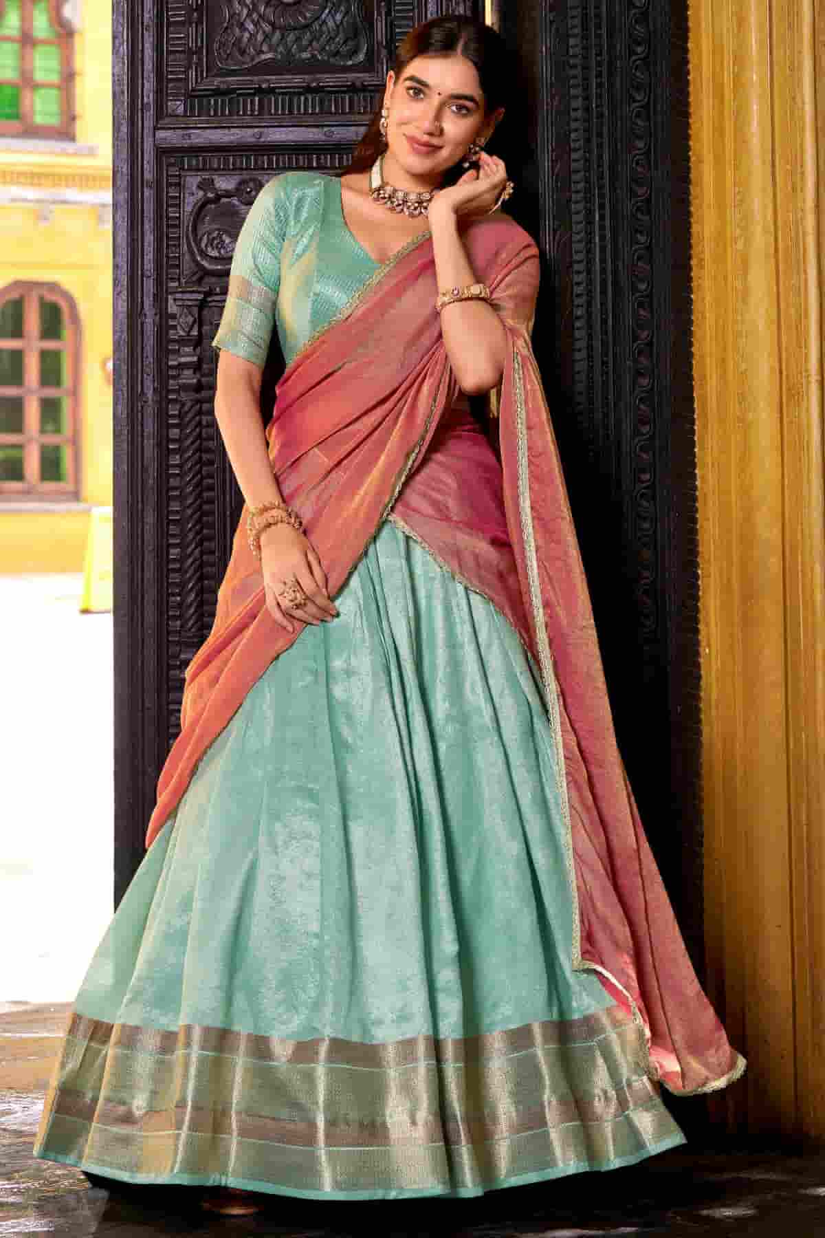 Dhupion Silk Stitched Lehenga Choli In Pista Green Colour