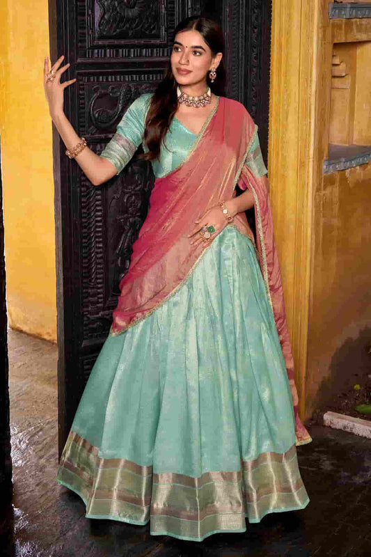 Dhupion Silk Stitched Lehenga Choli In Pista Green Colour