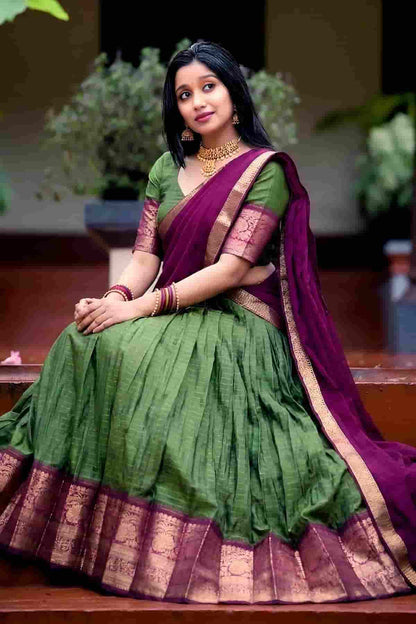 Dola Chex Zari Woven Work Stitched Lehenga In Mehendi Colour