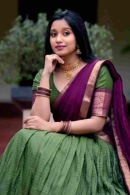 Dola Chex Zari Woven Work Stitched Lehenga In Mehendi Colour