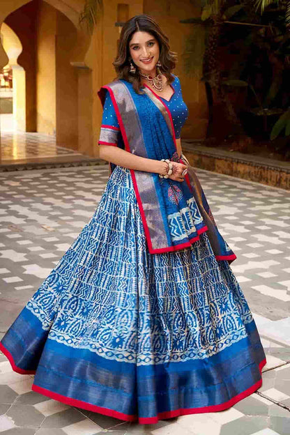 Dola Silk Batik Print Stitched Lehenga Choli In Blue Colour