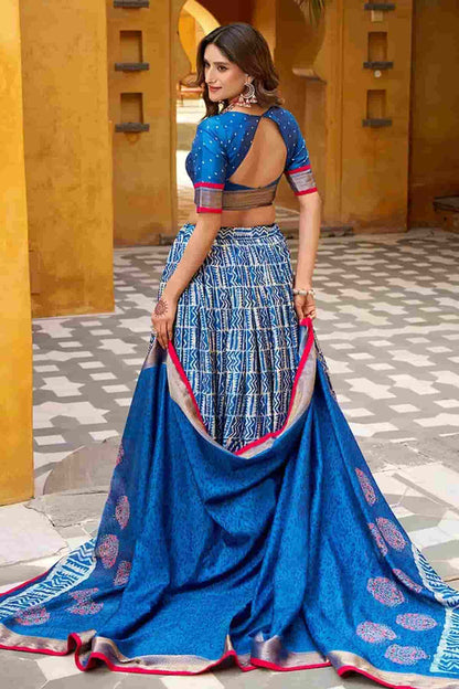 Dola Silk Batik Print Stitched Lehenga Choli In Blue Colour
