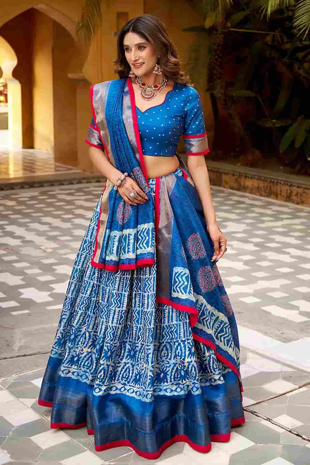Dola Silk Batik Print Stitched Lehenga Choli In Blue Colour