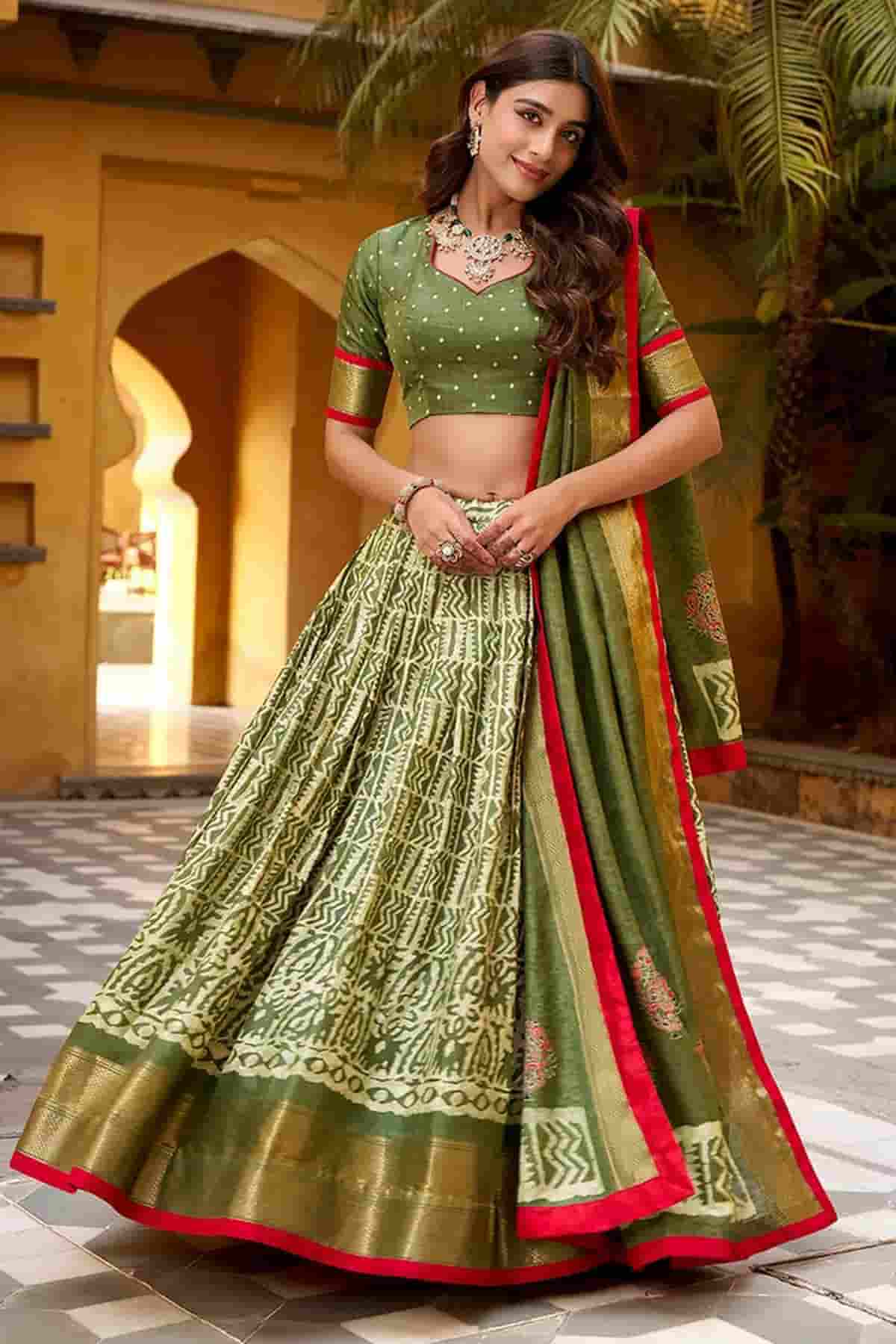 Dola Silk Batik Print Stitched Lehenga Choli In Mehendi Green Colour