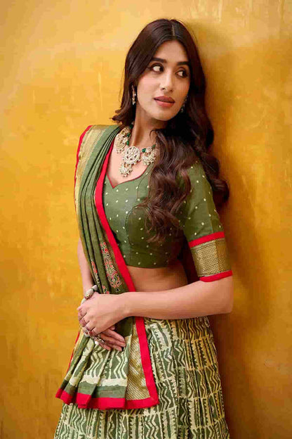 Dola Silk Batik Print Stitched Lehenga Choli In Mehendi Green Colour