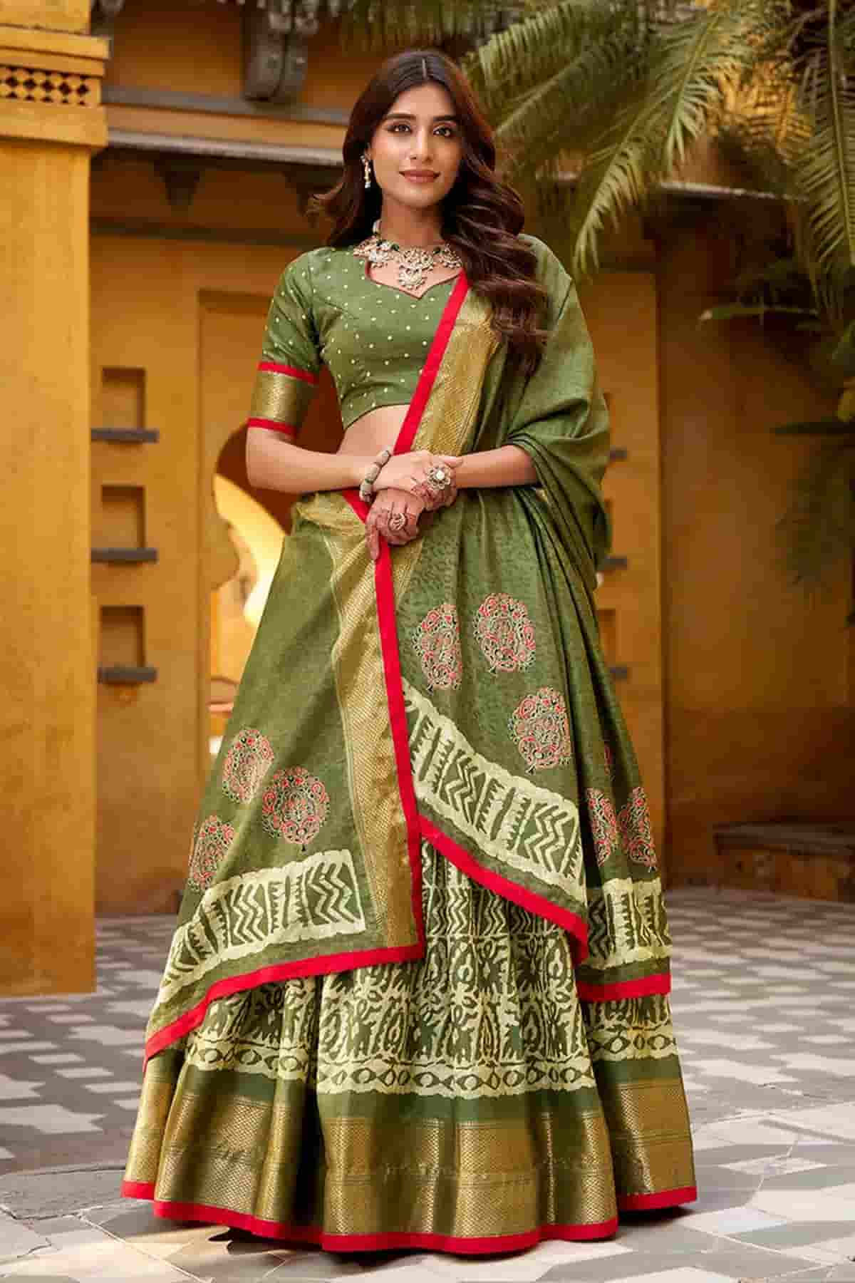 Dola Silk Batik Print Stitched Lehenga Choli In Mehendi Green Colour