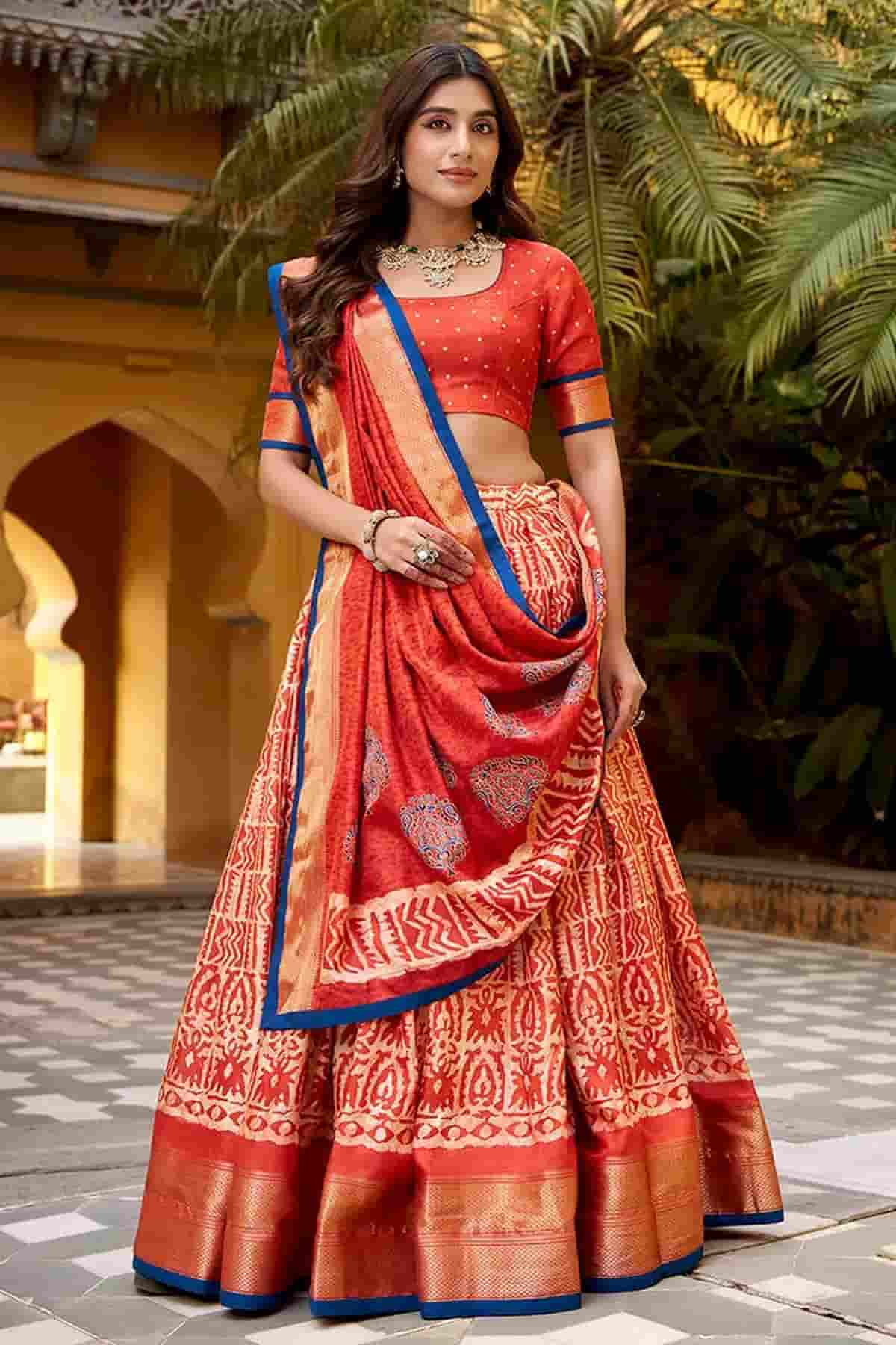 Dola Silk Batik Print Stitched Lehenga Choli In Orange Colour
